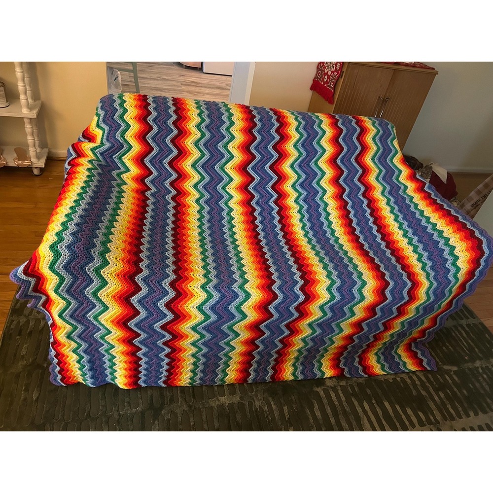 Vintage Rainbow Chevron crochet Afghan Blanket Large 76"x 76" retro  stripe MINT